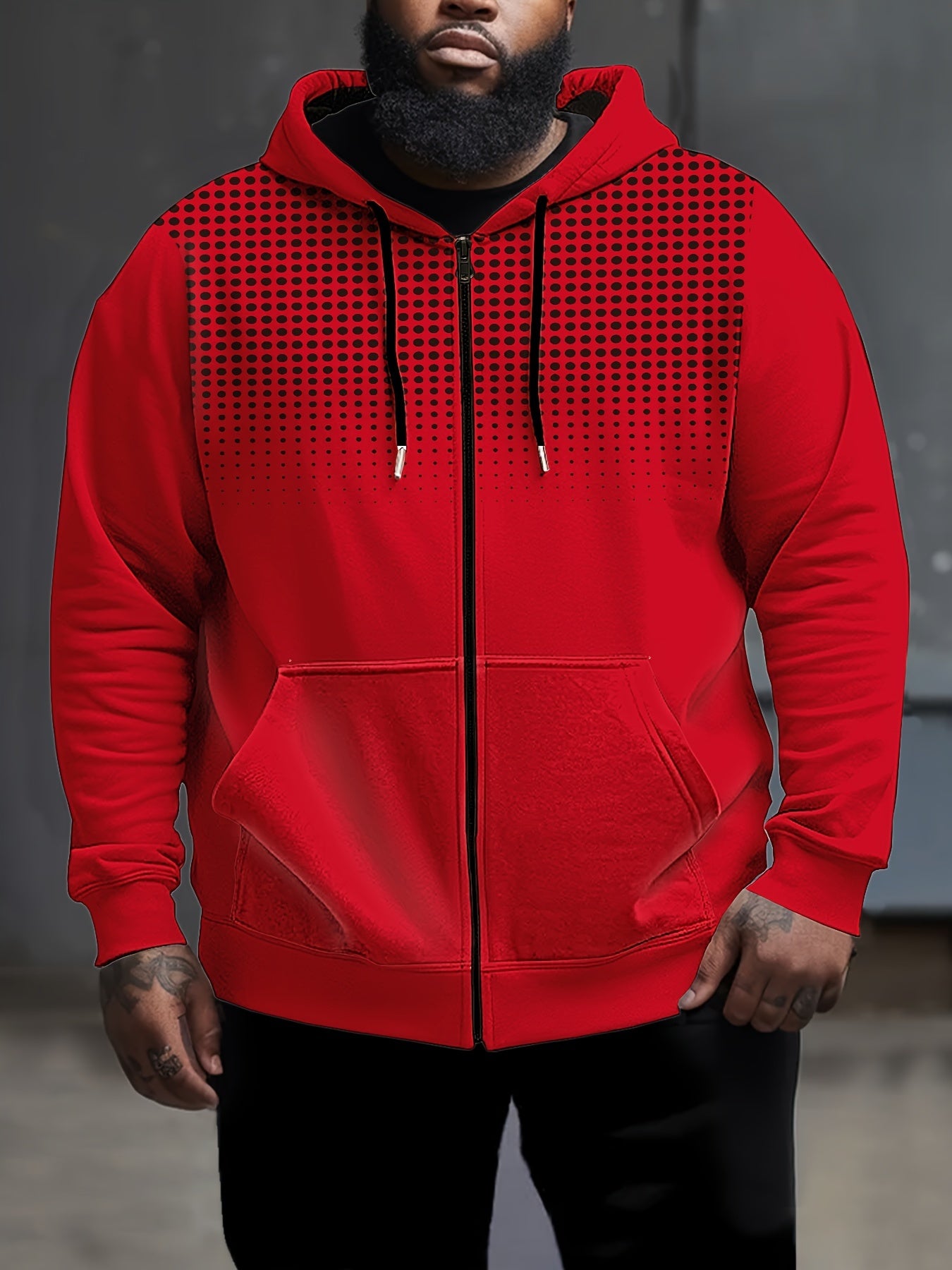 Plus Size Men's Casual Zip-Up Hoodie with 3D Polka Dot Print and Pockets