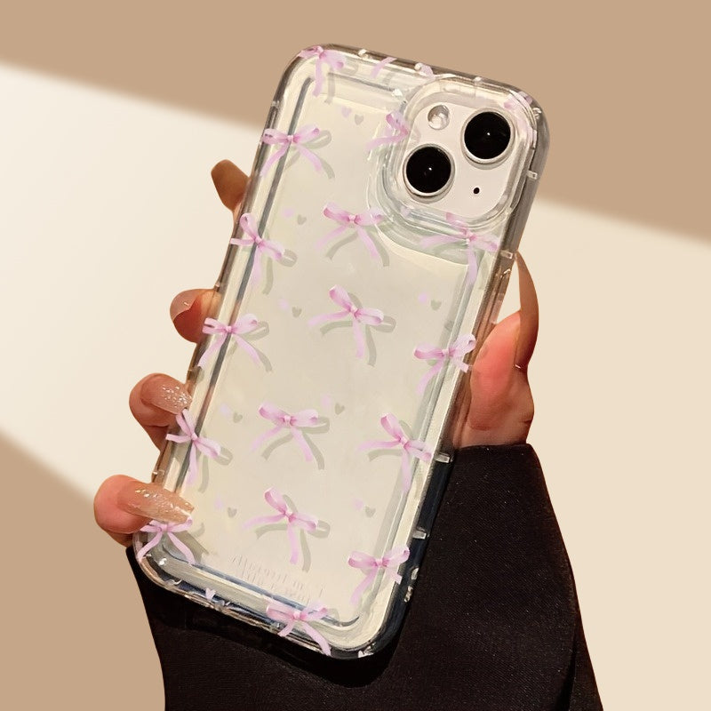 Розовый прозрачный чехол из TPU для iPhone SE до 16 Pro Max с дизайном из маленького бантика