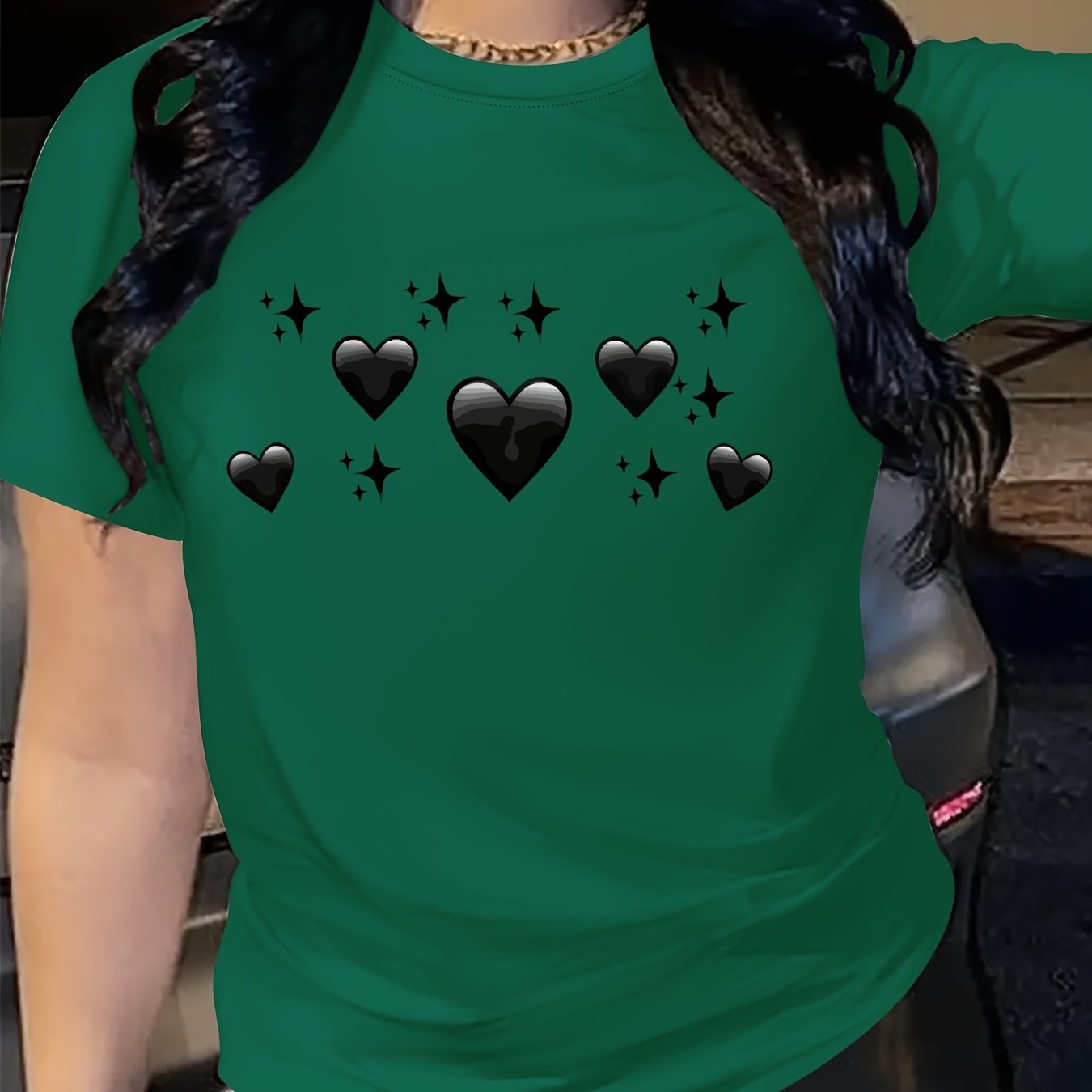 Women's Oversized Bright Pink T-Shirt with Black Heart & Star Print Casual Top