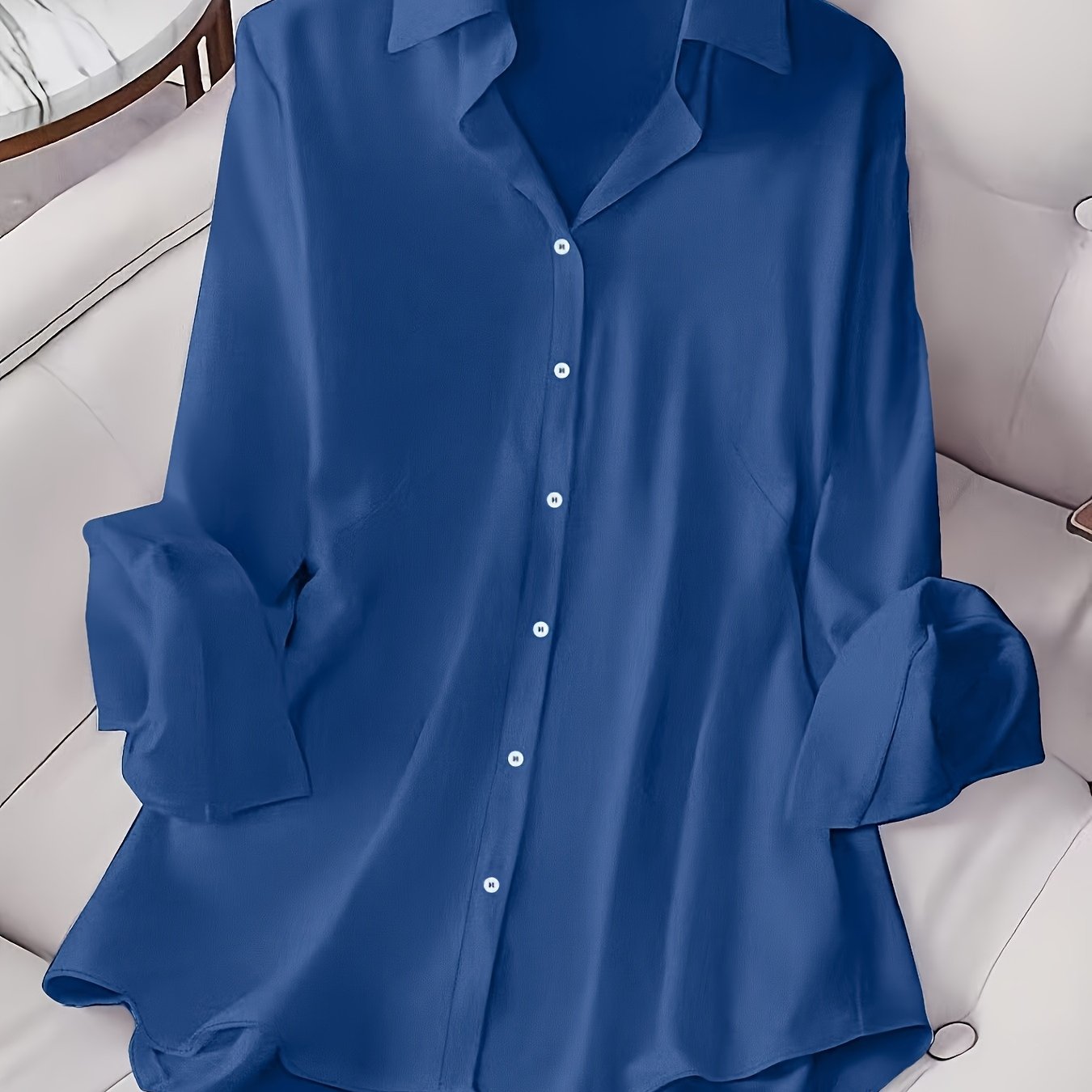 Women's Plus Size Satin-Like Purple Button-Up Shirt Long Sleeve Casual Elegant