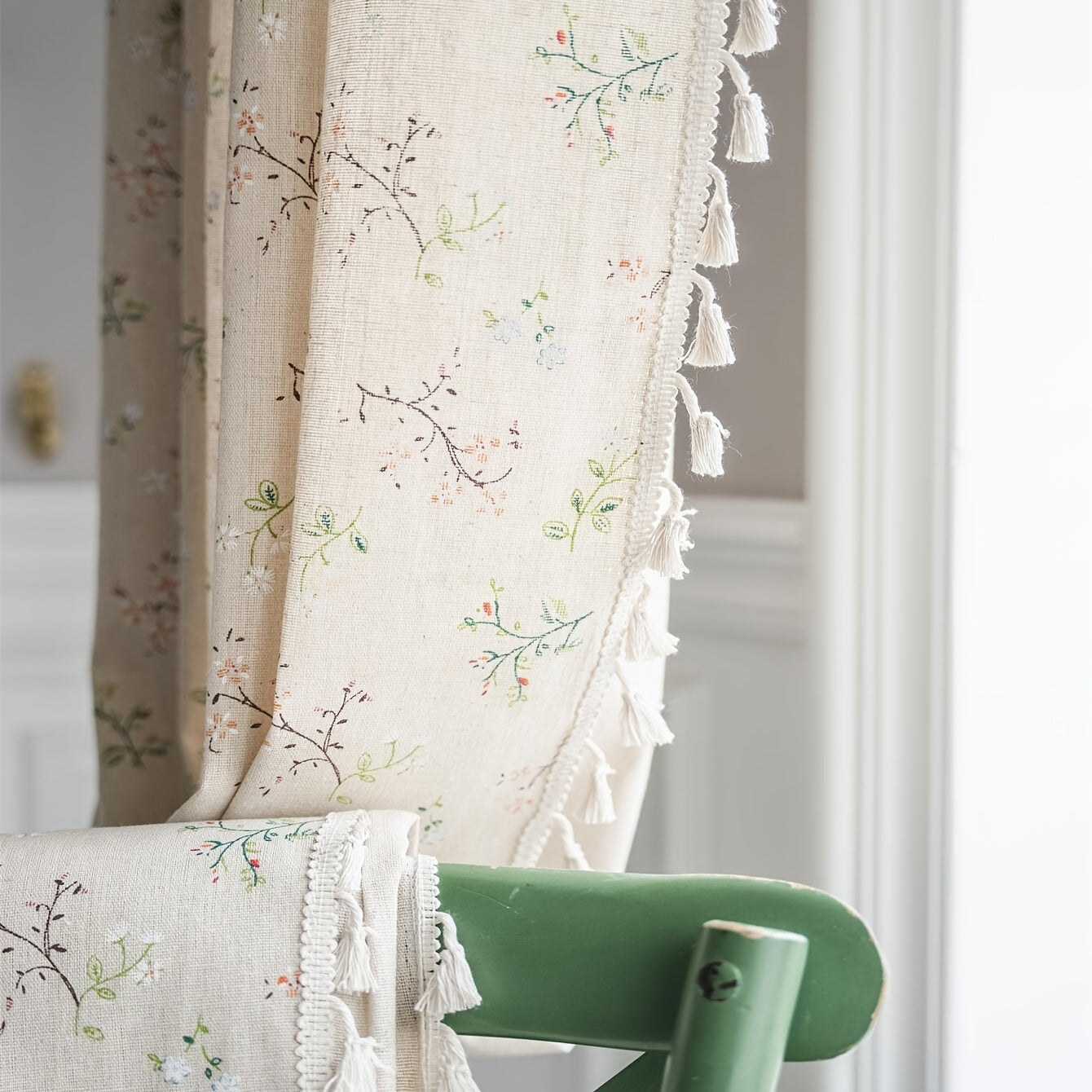 Bohemian Floral Milk-White Linen Curtain with Semi-Shading for Living Room Bedroom Office