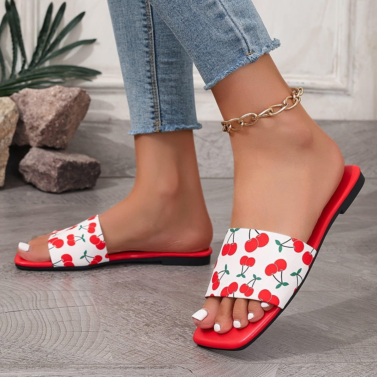 Women Flat Sandals Red Cherry Summer Flip Flops Casual Shoes