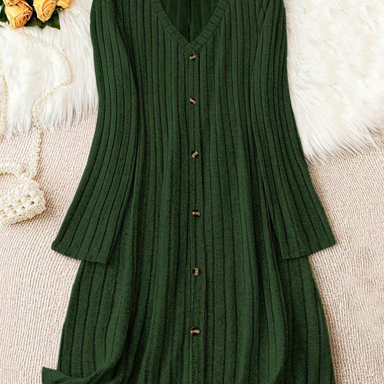 Vestido de punto de talla grande con escote en V para otoño e invierno, manga larga, con botones en la parte delantera, casual para mujer