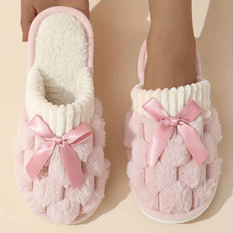 Winter Plush Cozy Non-Slip Fabric Slippers with Flat Bowknot for Home Warmth
