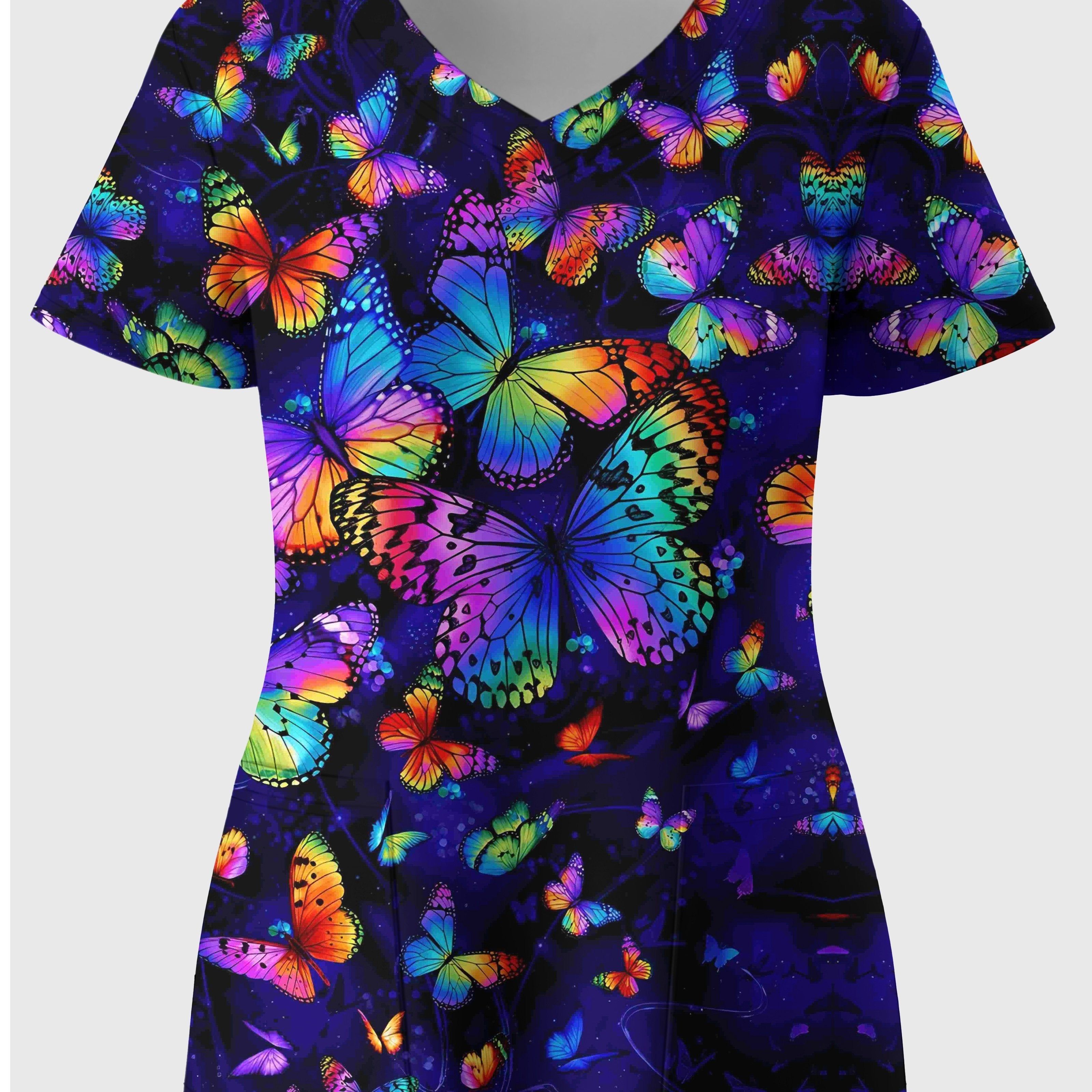 Women's Plus Size Butterfly Print V-Neck Short Sleeve Top with Pockets