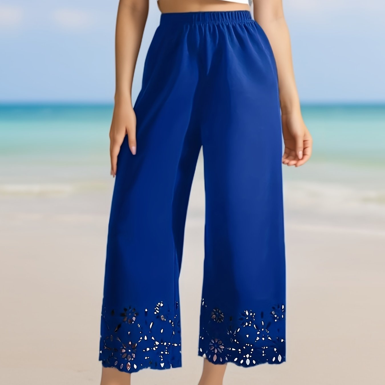 Pantalones de mujer de talla grande con piernas anchas y recortes de encaje, lavables a máquina, para todas las estaciones