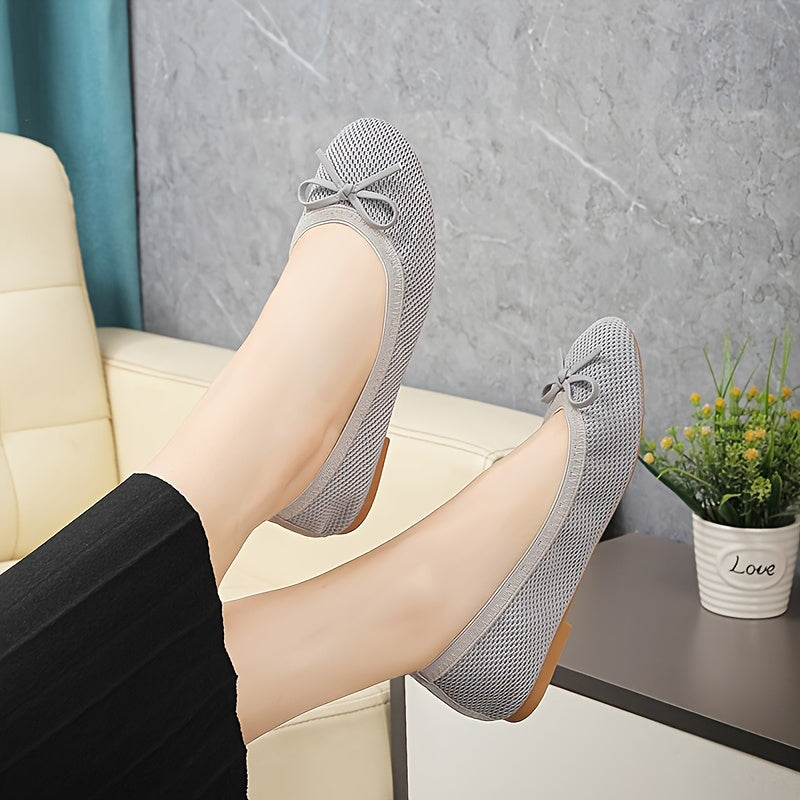 Bailarinas de punto transpirables para mujer con lazo, zapatos casuales sin cordones