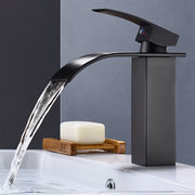 Black Brass Bathroom Sink Faucet Waterfall Spout Single Hole Deck Mount Ceramic Valve