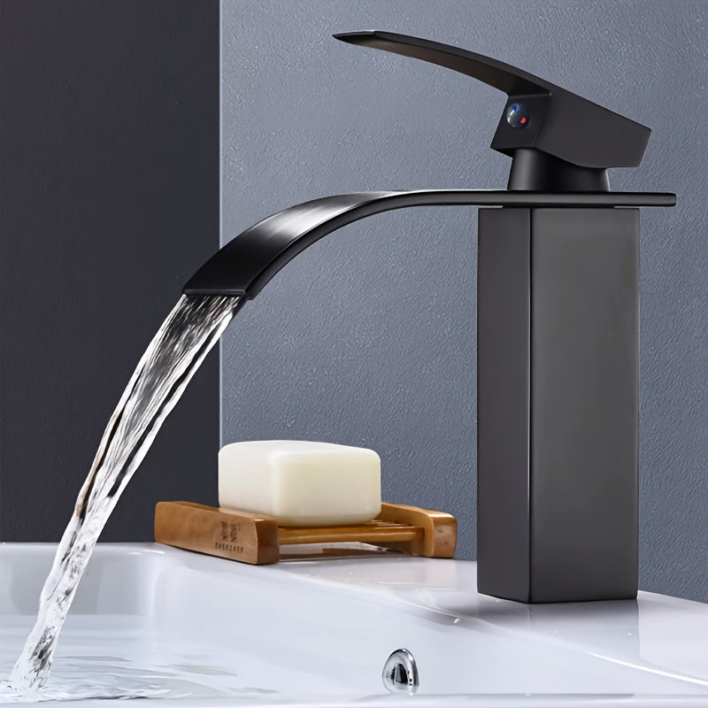 Black Brass Bathroom Sink Faucet Waterfall Spout Single Hole Deck Mount Ceramic Valve
