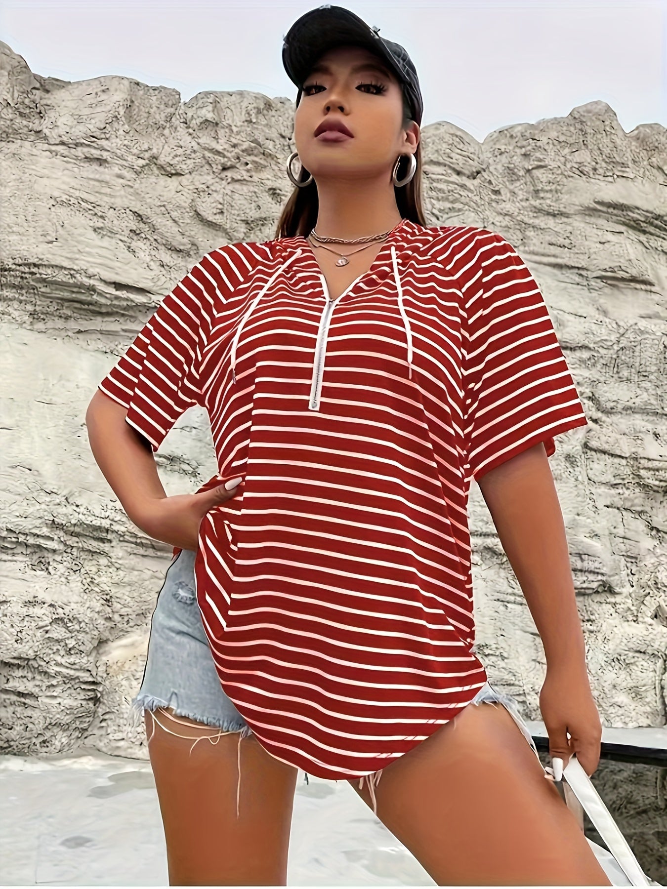 Women's Red and White Striped Hooded T-Shirt with Zipper Drawstring and Kangaroo Pocket