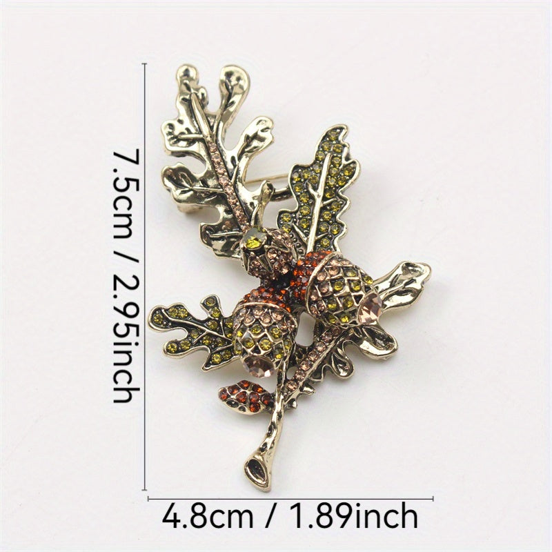 Enamel Leaf Brooch with Rhinestones Vintage-Inspired Lychee Branch Pin for Coats