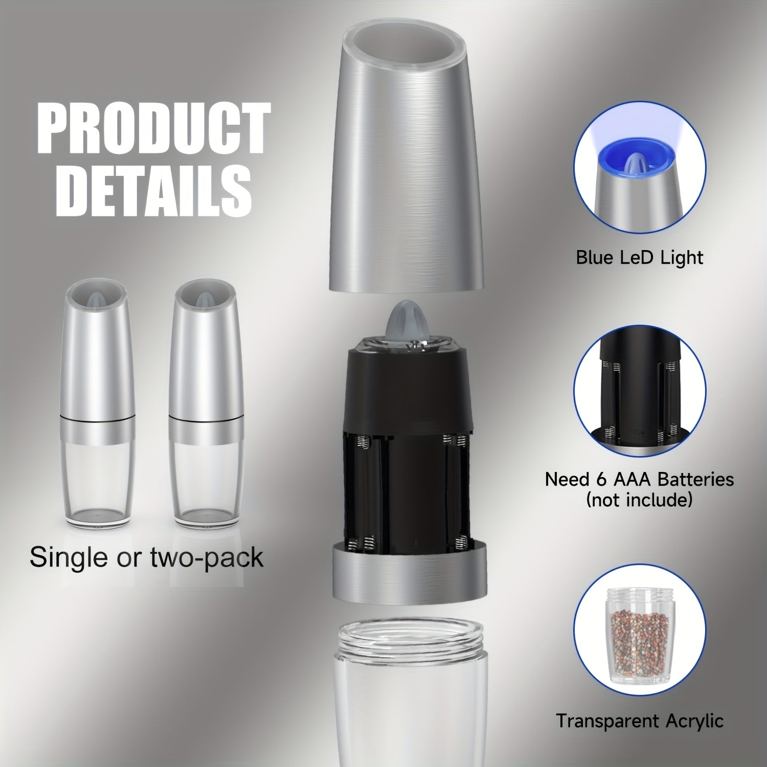 Elektr pechene va tuz maydalagich to'plami, sozlanadigan qattiq, zanglamaydigan po'latdan, batareyali