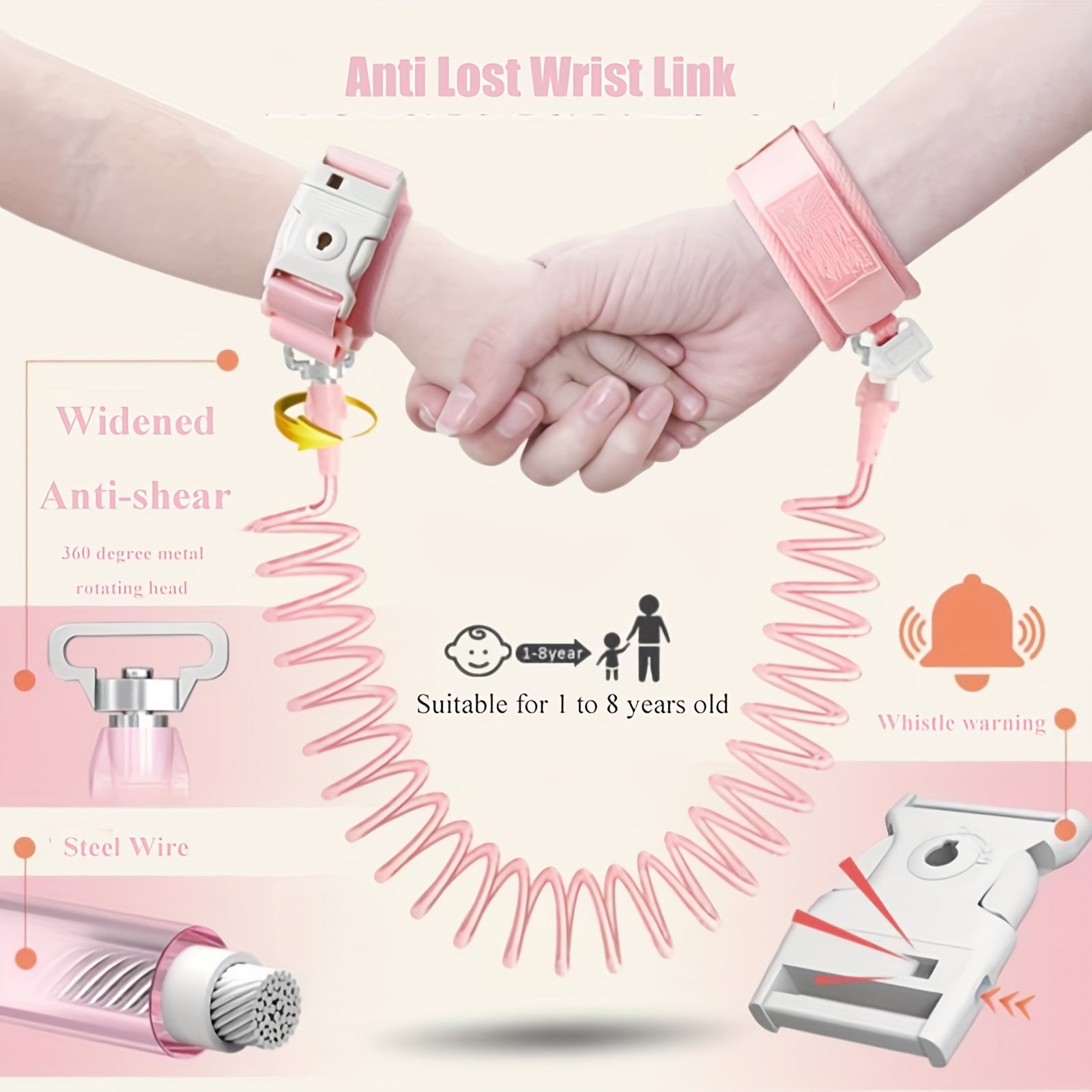 Toddler Child Safety Harness Wrist Link Leash with Key Lock Reflective Rope for Kids 1-10