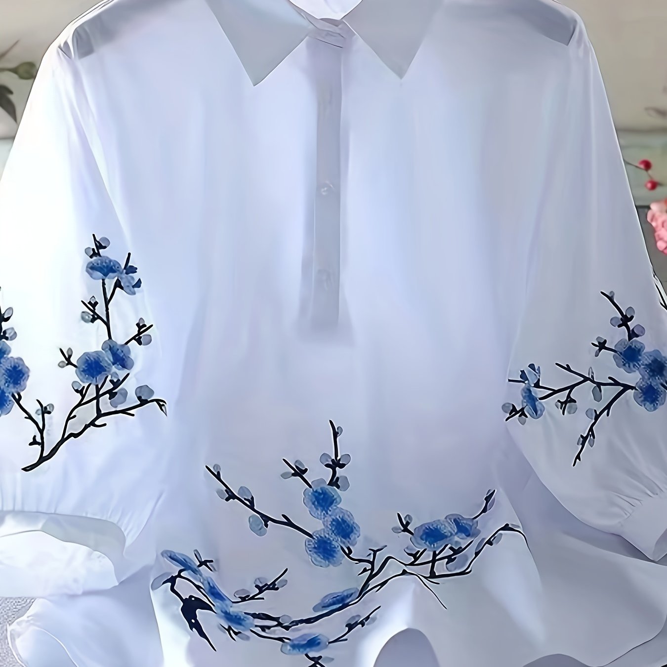 Women's White Embroidered Floral Shirt Polyester Woven for Vacation Spring Summer Autumn