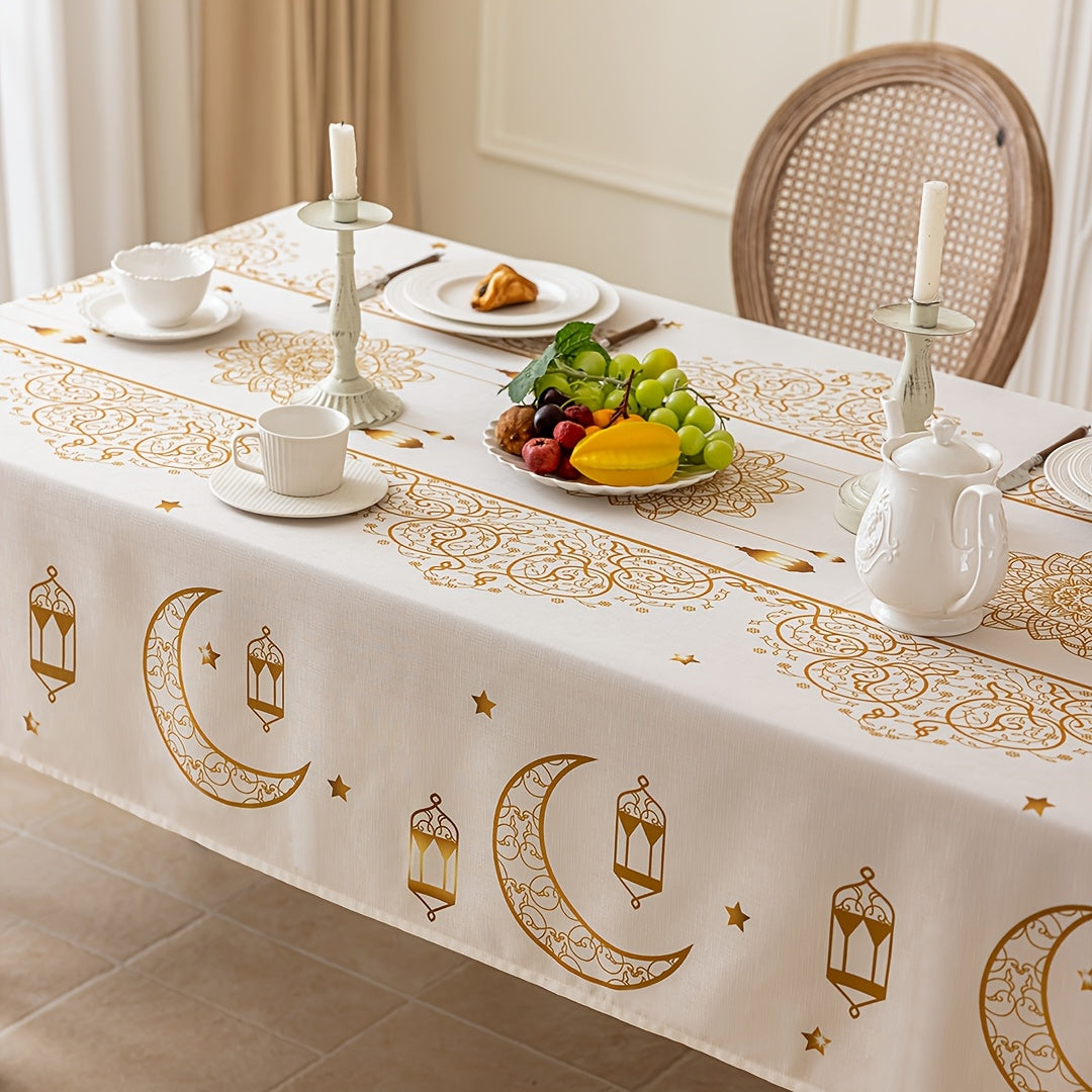 Bohemian Geometric Ramadan Eid Al-Fitr Tablecloth with Golden Moon and Star Design 100% Polyester