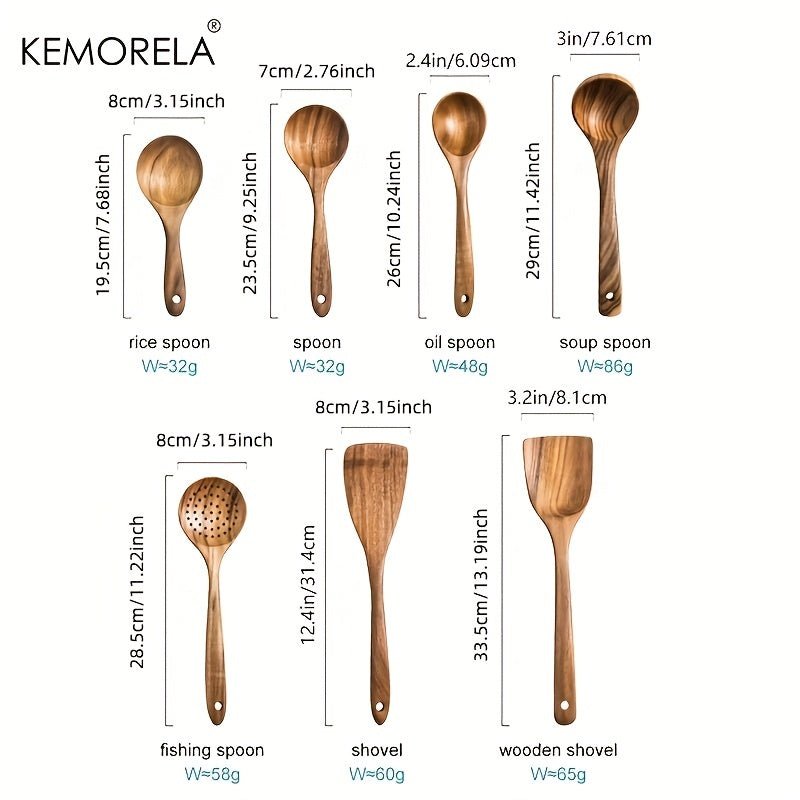 Set of 4/7 Natural Teak Wood Kitchen Utensils Including Spoons Ladles Turners Colanders and Scoops
