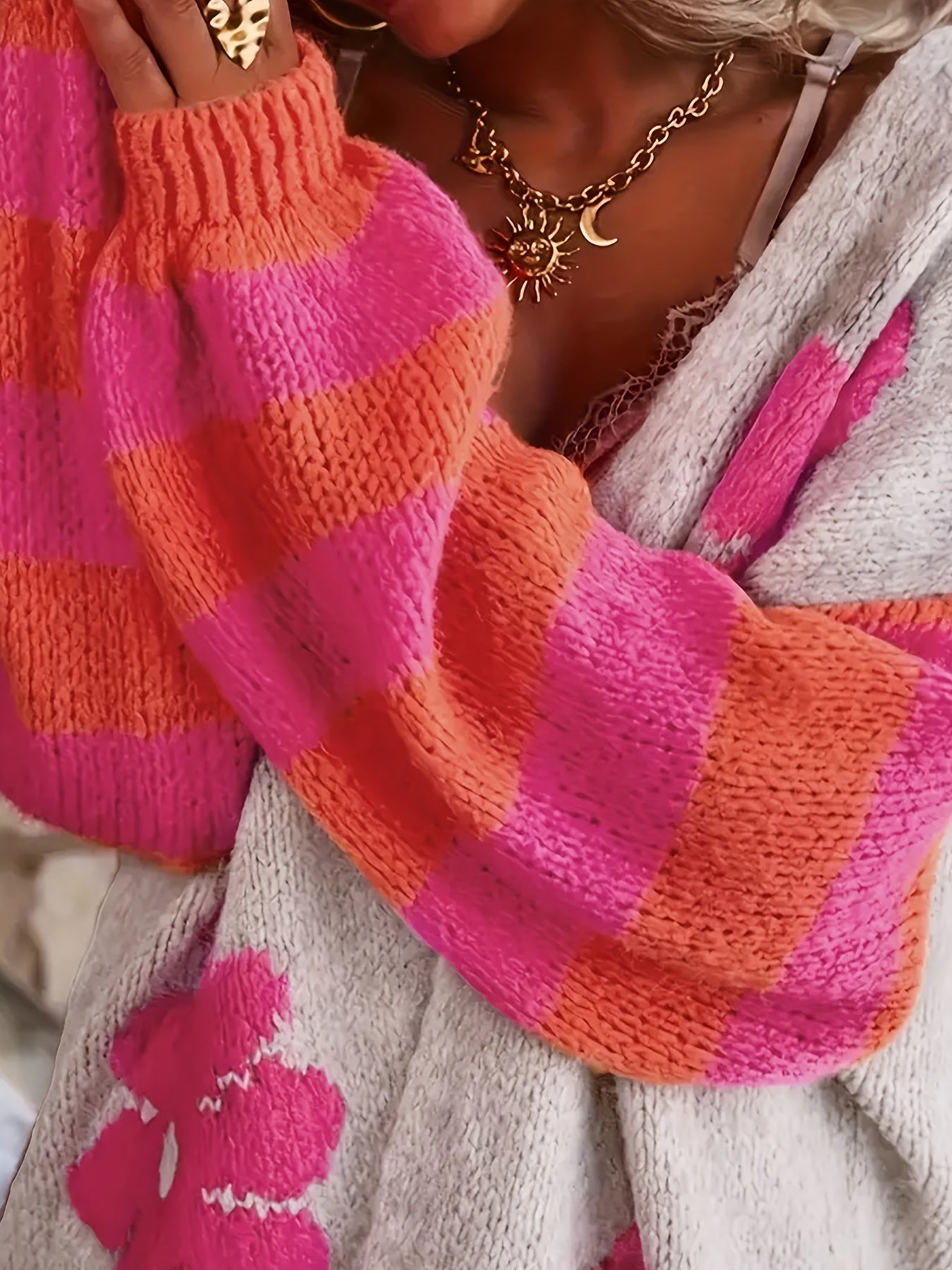 Women's Knit V-Neck Cardigan with Floral Print Oversized Sweater Pink White