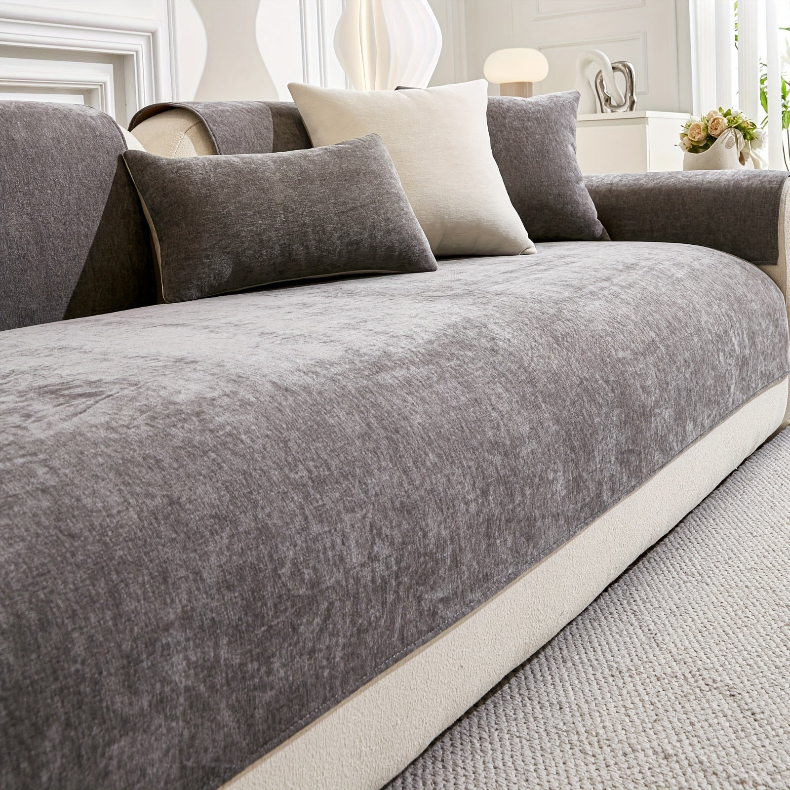 Chenille Sofa Cover Non-Slip Pet-Friendly All Seasons Fits 1-4 Seaters Light Beige