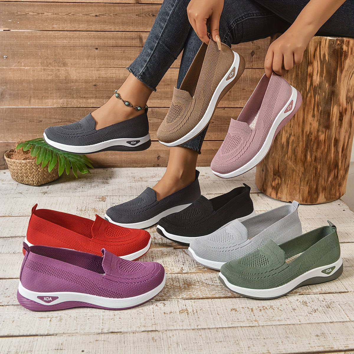 Women's Casual Slip-On Sneakers Breathable Knit Low Top Rubber Sole
