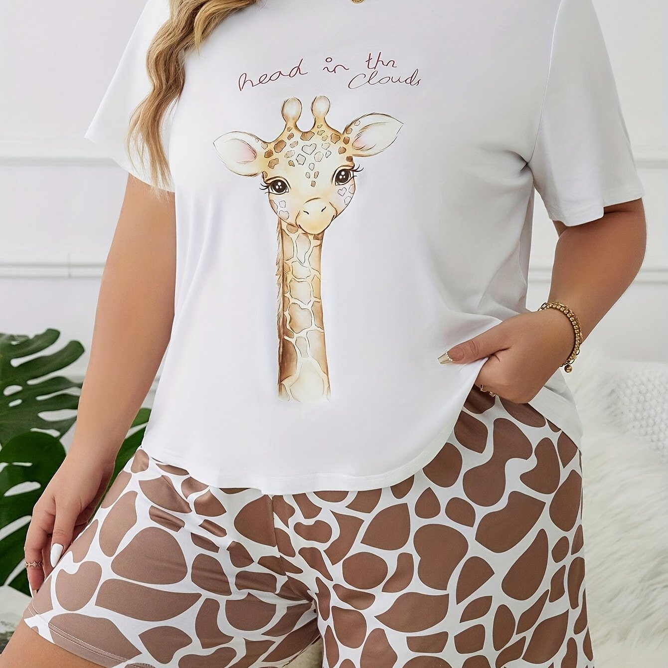 Women’s Cotton Animal Pajama Set Giraffe Print Short Sleeve Top Shorts Lounge Sleepwear