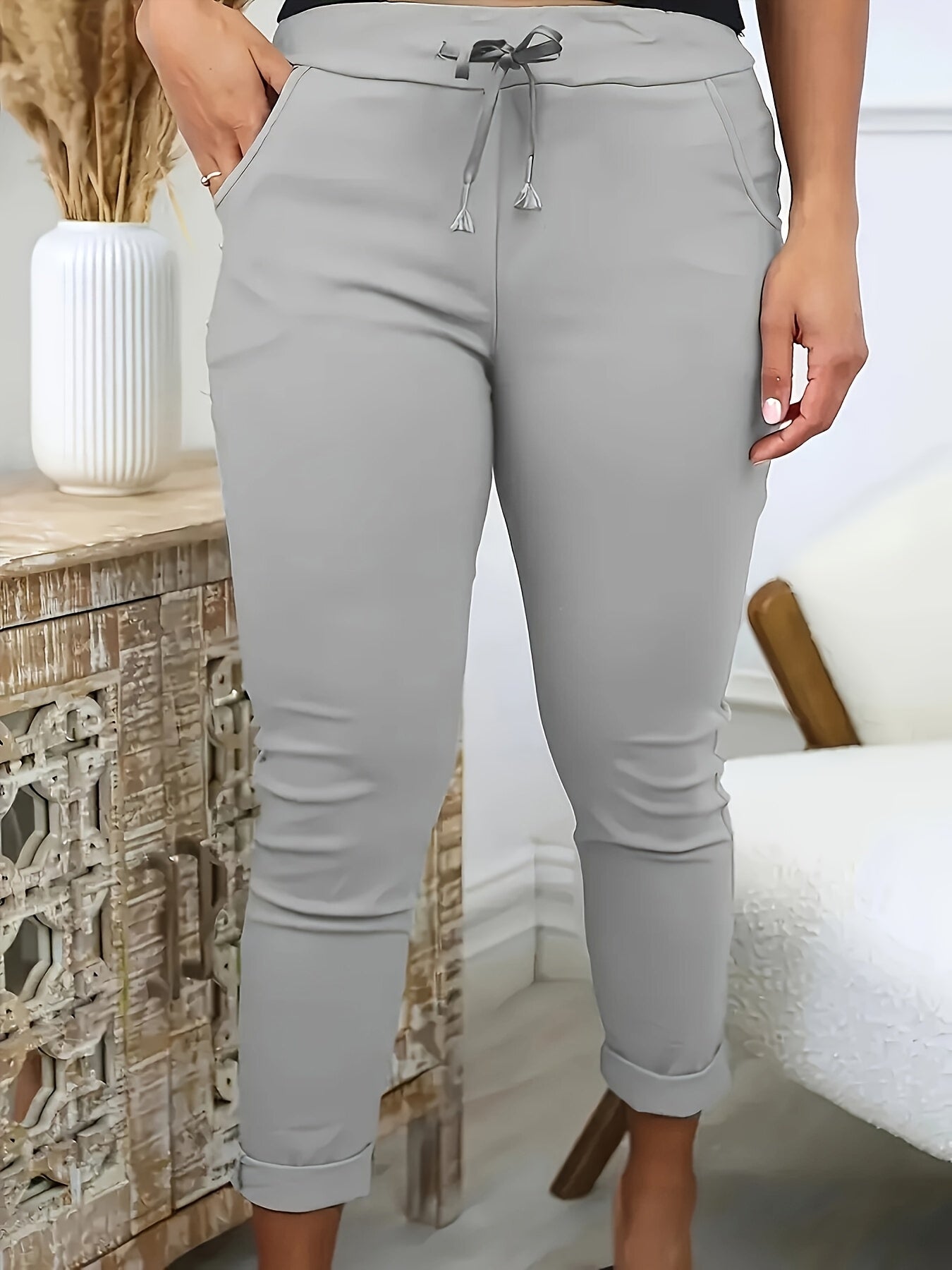 Plus Size Skinny Pants Women Solid Color Polyester Knit Medium Stretch Elastic Waist Pockets