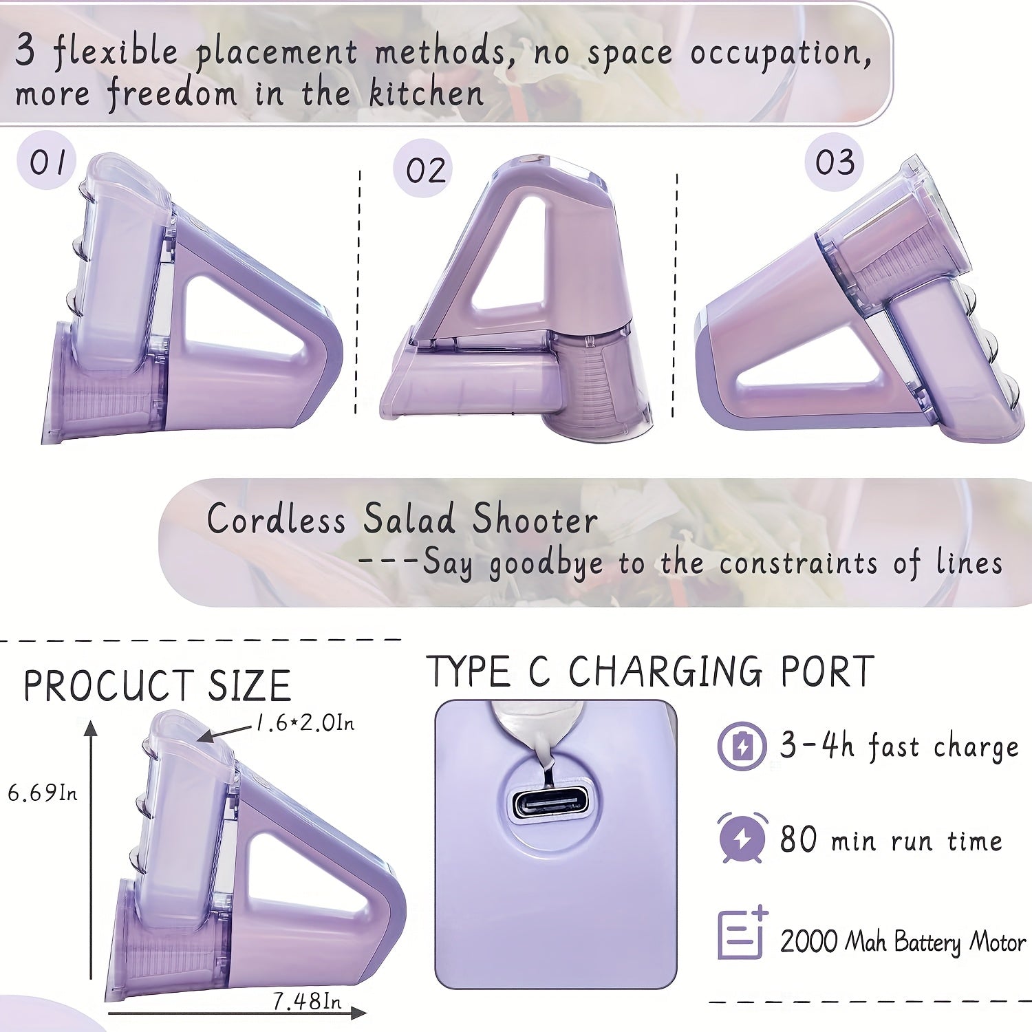 Cordless Electric Salad Shooter Slicer Handheld USB Rechargeable 3 Blades