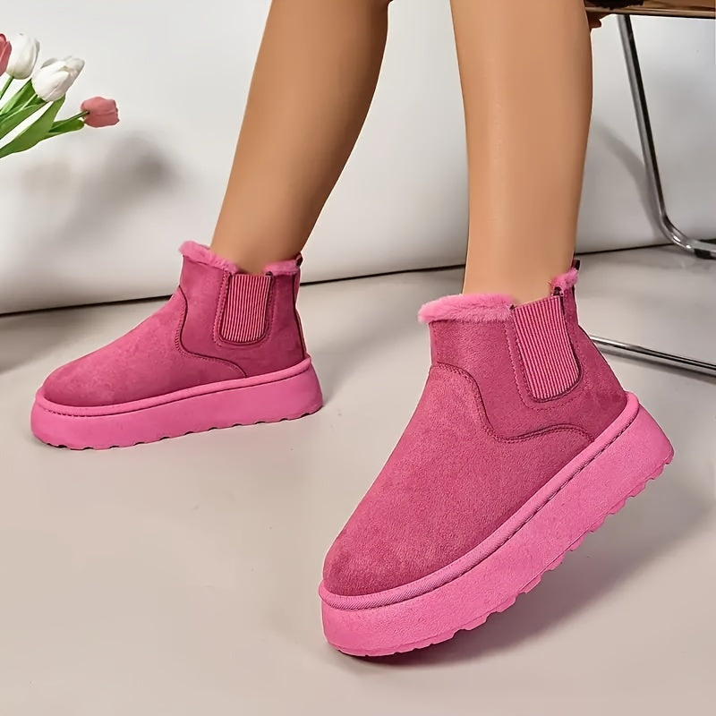 Women's Solid Color Platform Short Boots Casual Slip-On Plush Lined Shoes