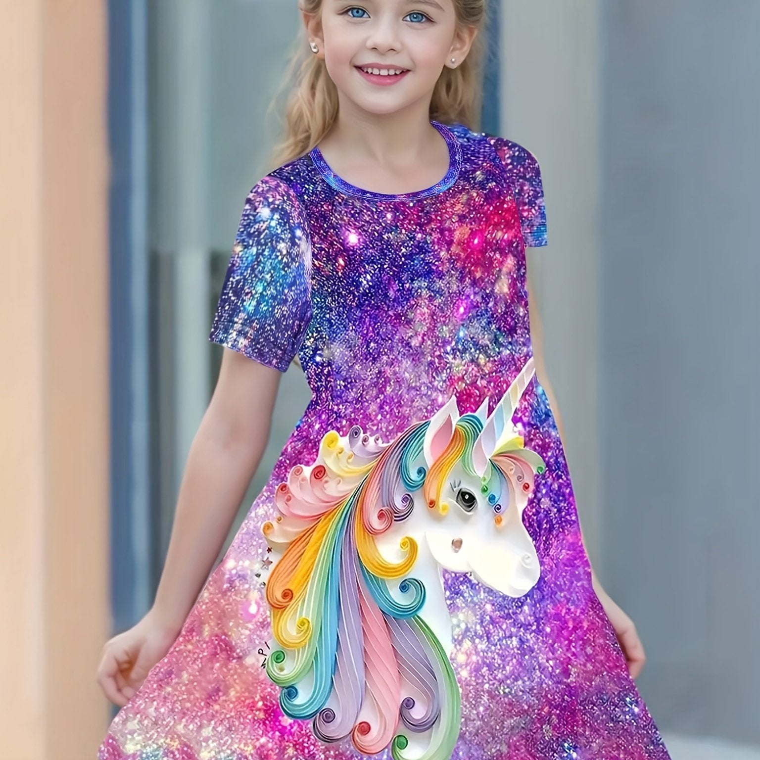 Girls' Unicorn Dress with Digital Print, Short Sleeves, Midi Length