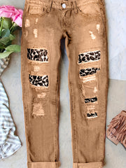 Plus Size Elastic Patchwork Leopard Print Jeans Womens Denim Pants