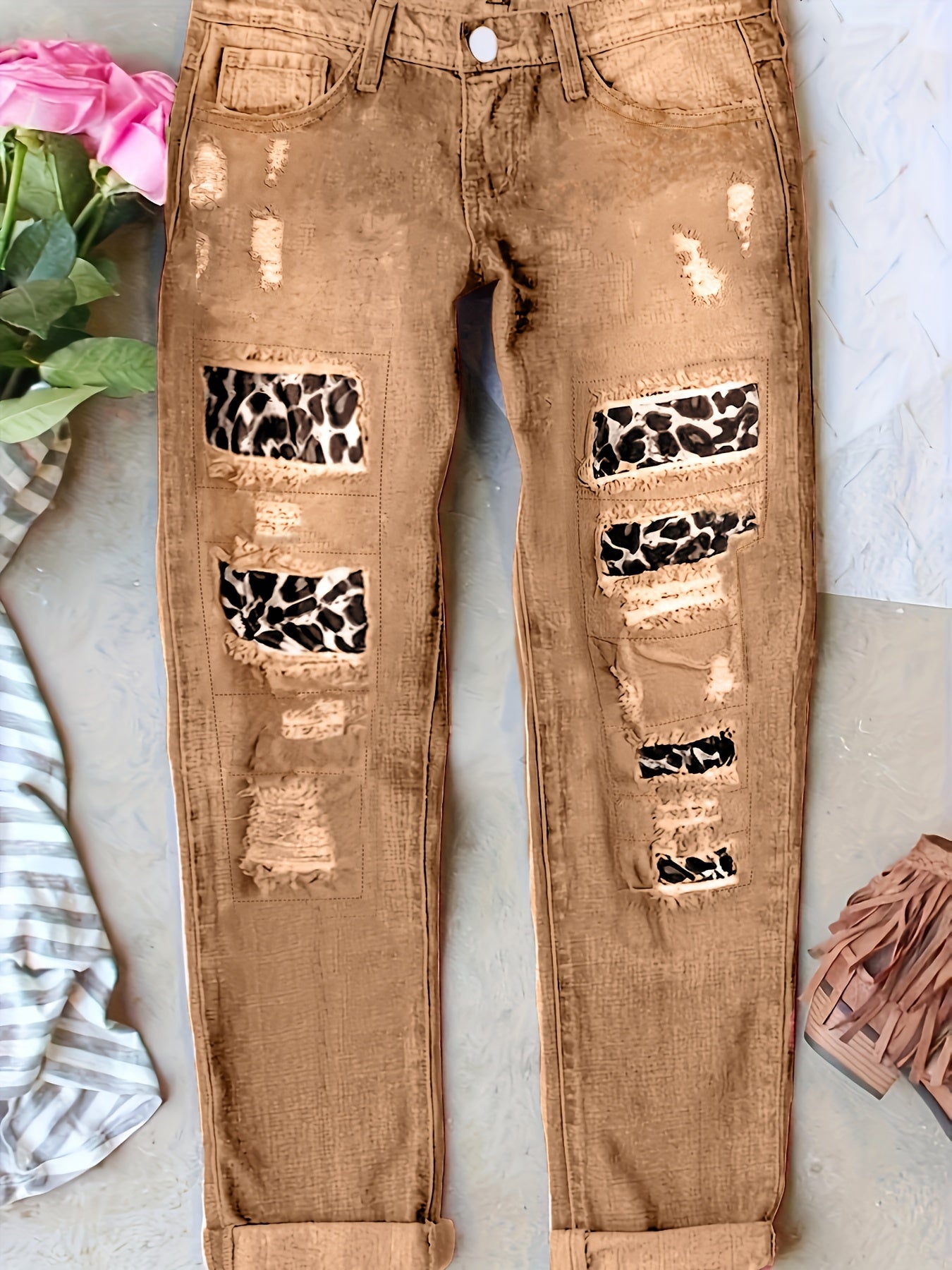 Plus Size Elastic Patchwork Leopard Print Jeans Womens Denim Pants