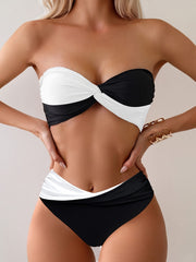Women's Two-Way Strapless Bikini Swimsuit Black and White High Stretch Knit Solid Color with Frill