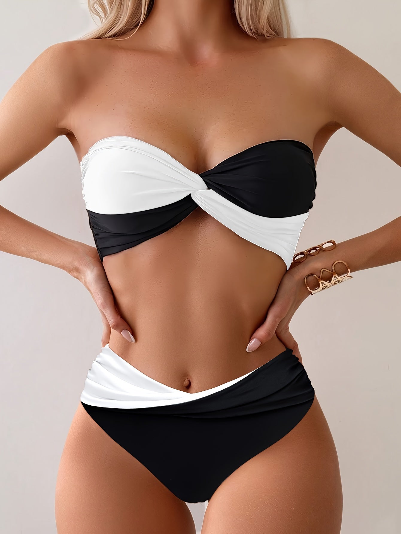 Women's Two-Way Strapless Bikini Swimsuit Black and White High Stretch Knit Solid Color with Frill
