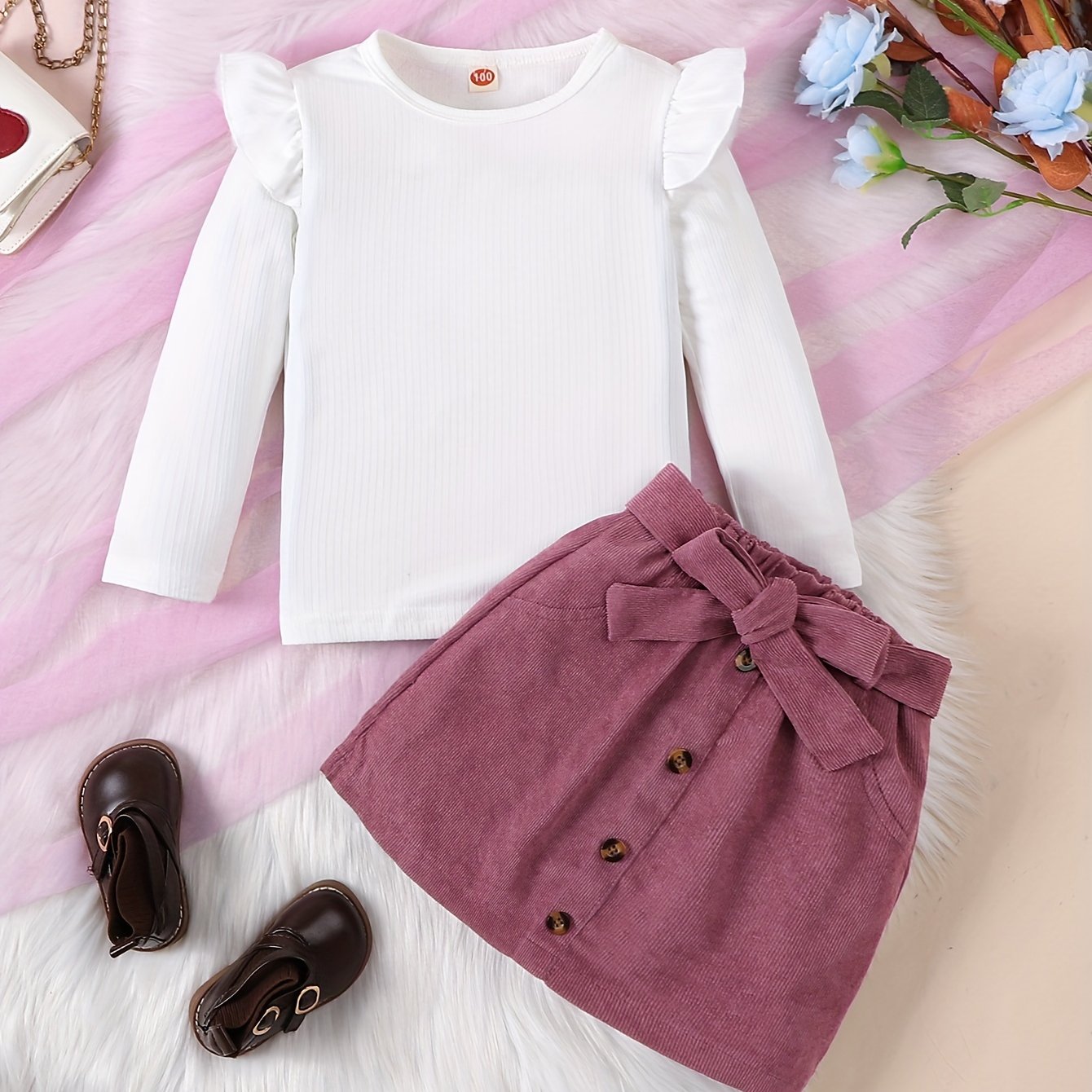 Girls' Long Sleeve Top and Skirt Set Cotton Ribbed Black and Yellow for Fall Winter