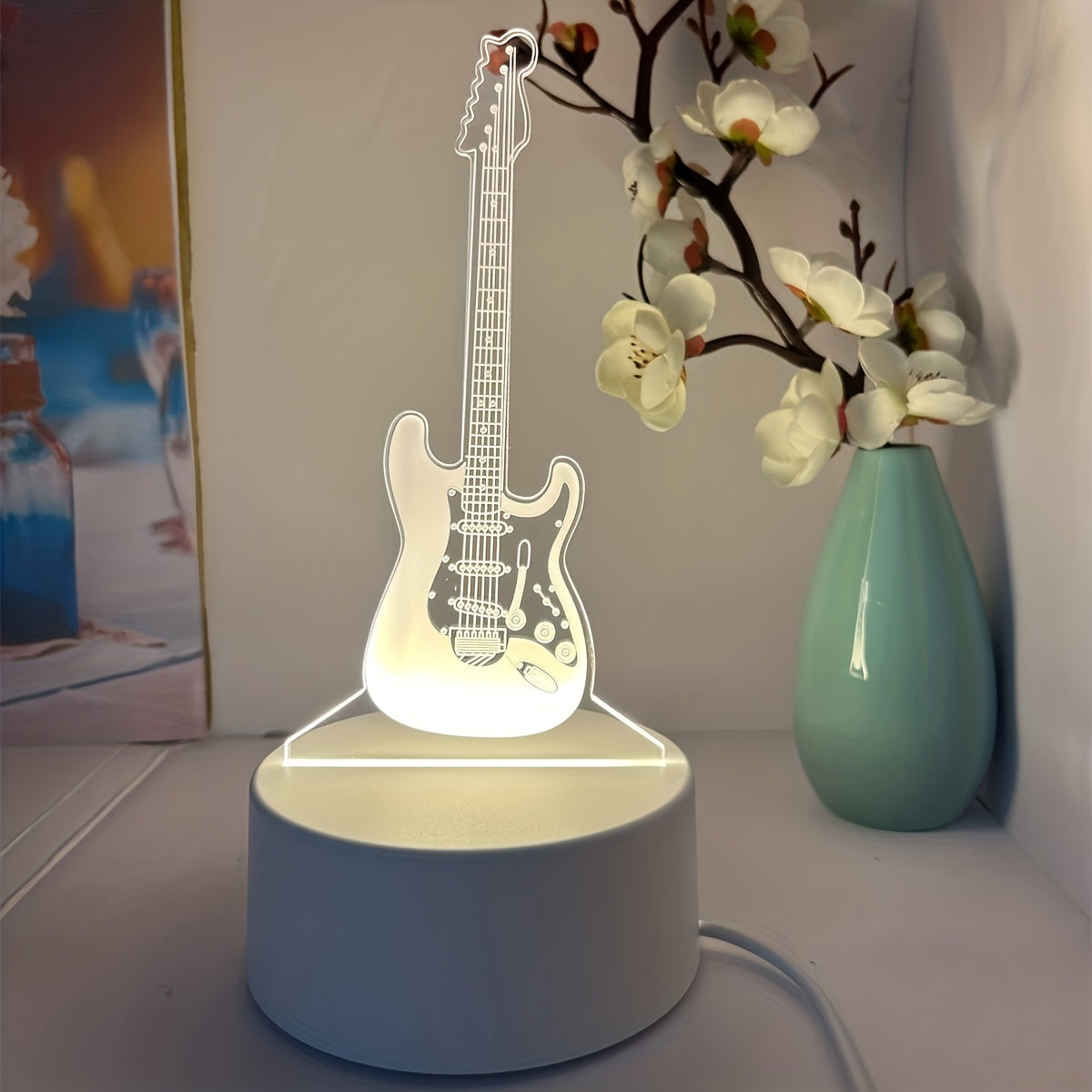 3D Guitar Night Light with Warm White Base for Room Decor and Gift