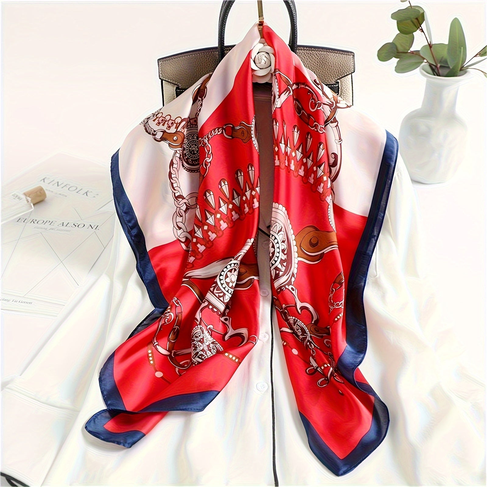 89.99cm Satin Square Scarf with Multicolor Prints Summer Sunscreen Shawl Windproof Head Wrap
