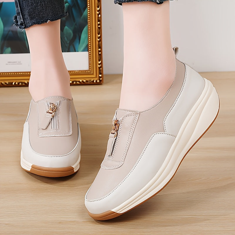 Women’s Zipper Sneakers White Brown Two-Tone Casual Shoes