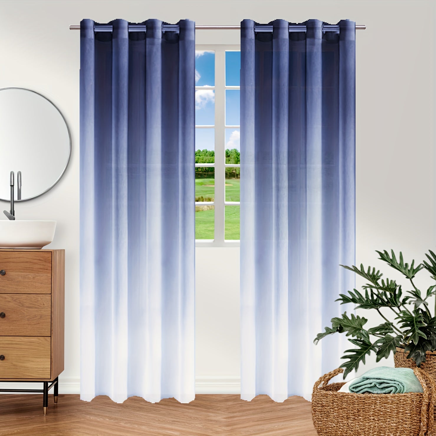 Bohemian Ombre Sheer Curtain Blue to White UV Protective Polyester for Bedroom Living Room