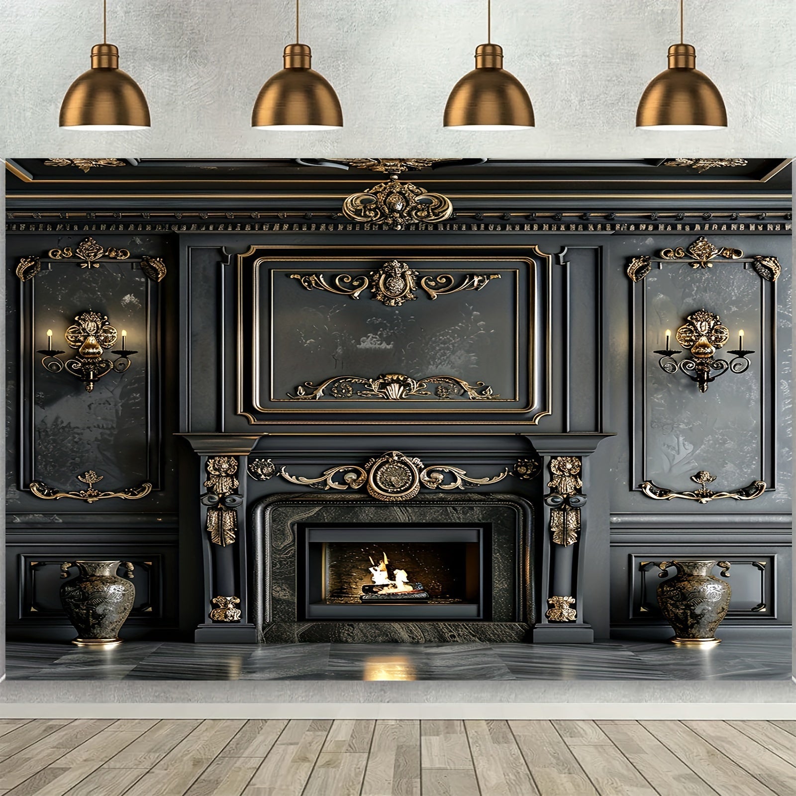 Vintage Interior Fireplace Backdrop Black and Gold Wall Art for Photography and Decor
