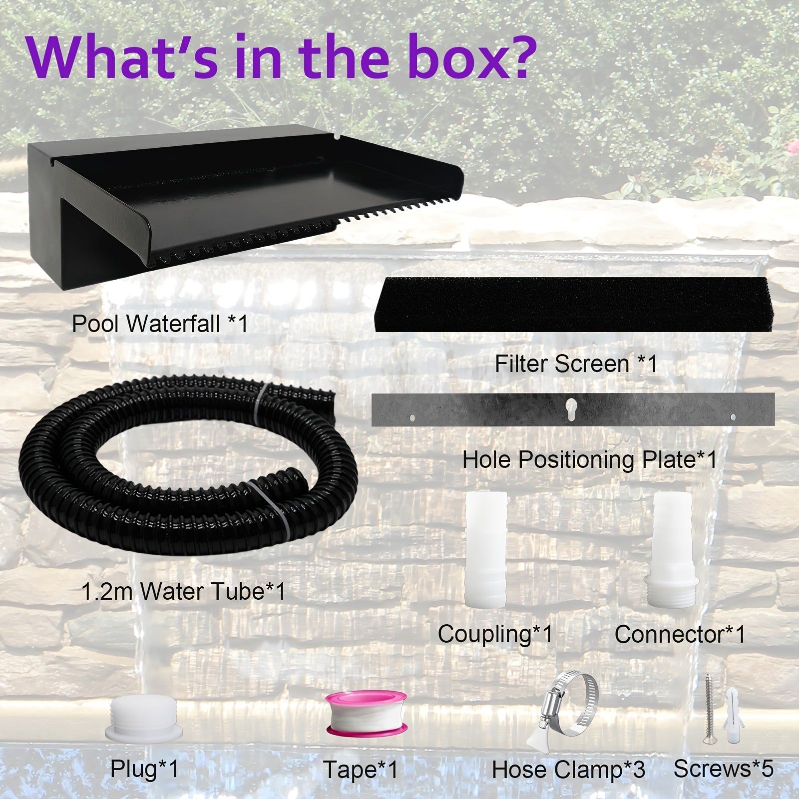 Kit de desagüe de cascada para estanque de acero inoxidable con acabado en polvo negro, manguera y accesorios