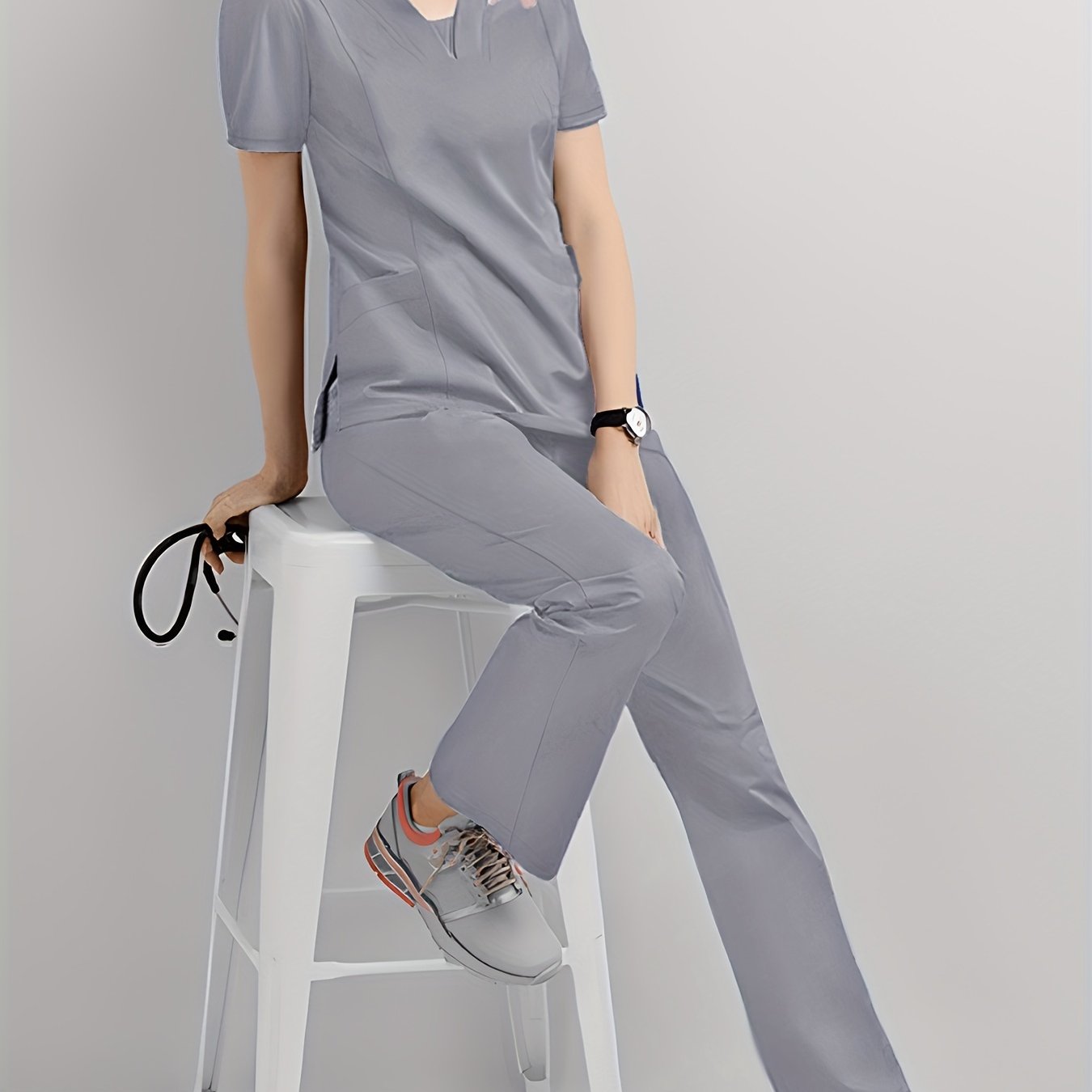 Women's Scrub Set V-Neck Top and Drawstring Pants Breathable Polyester Spandex Medical Uniform