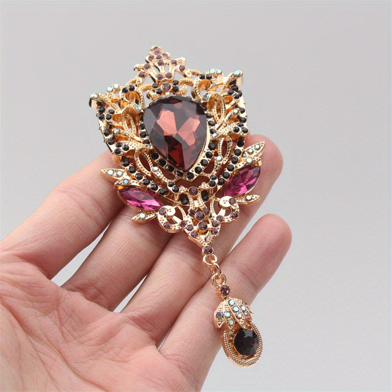 Retro Rhinestone Flower Brooch with Glass Pendant Enamel Corsage Pin for Coats