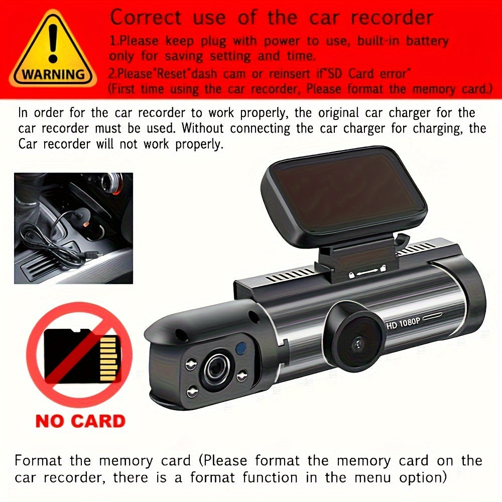 Car Dash Cam Front and Inside 1080P Night Vision Loop Recorder Wide Angle