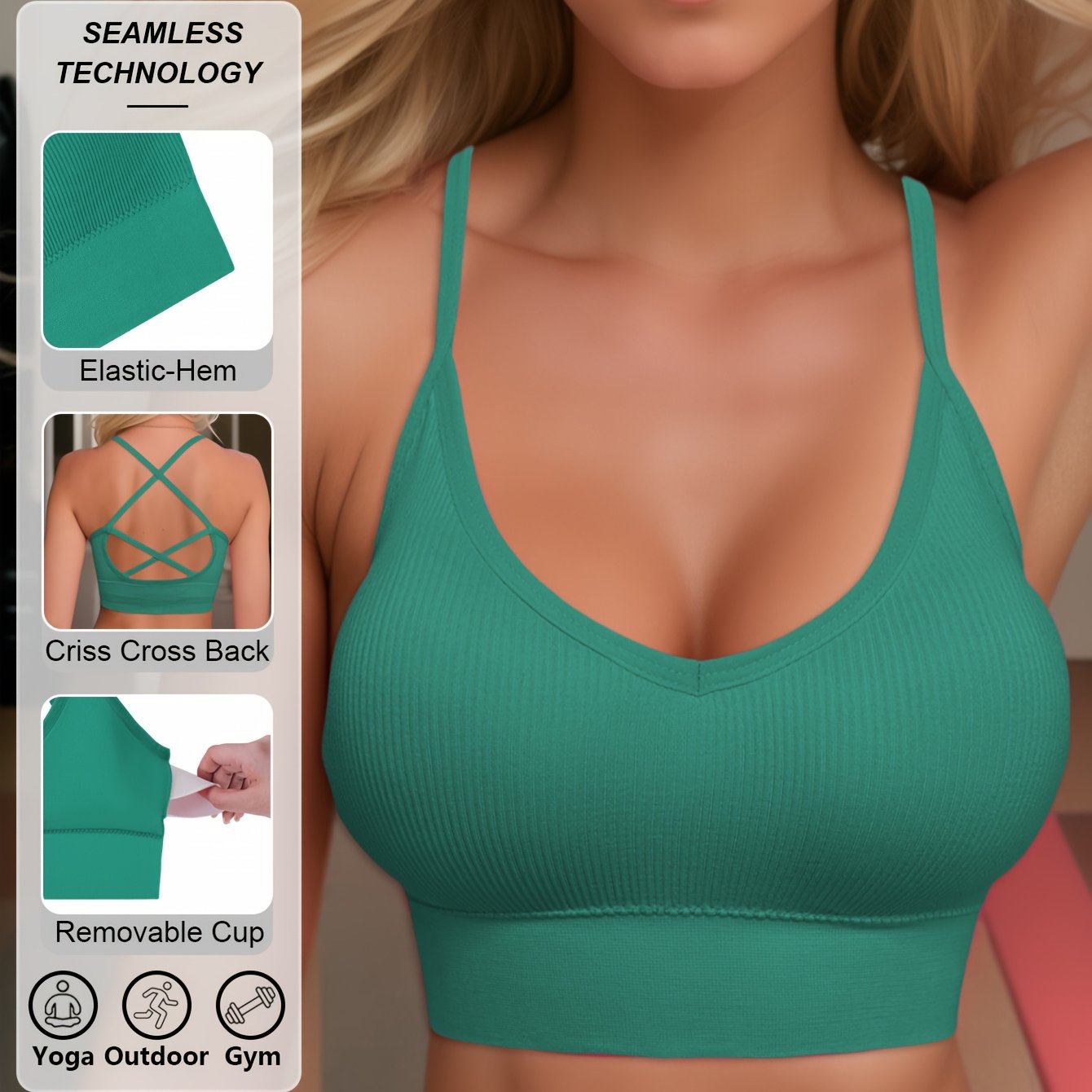 Sujetador deportivo de punto de poliamida para mujer, con alto soporte, sin espalda, relleno removible para yoga y fitness