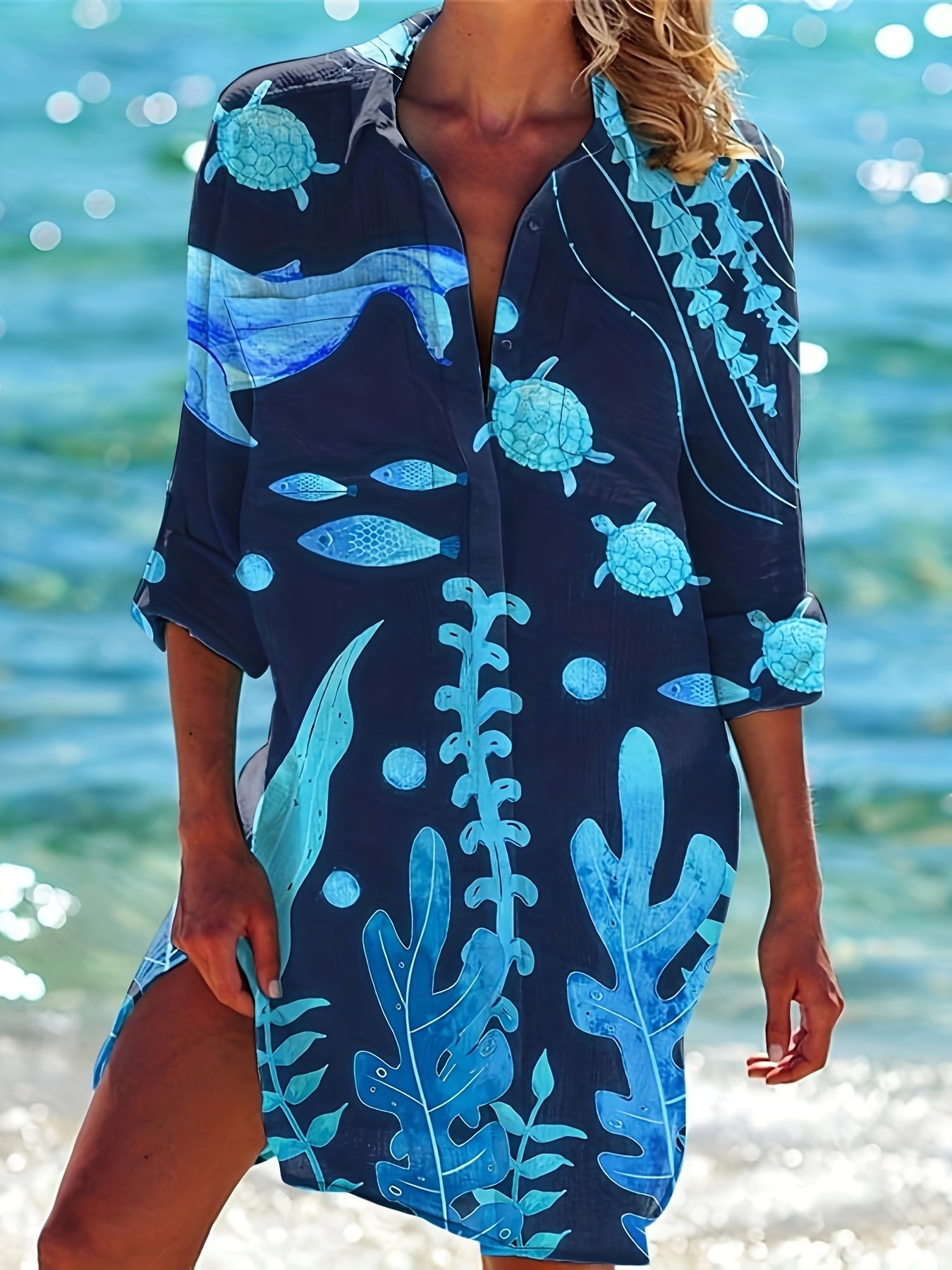 Plus Size Women's Long Sleeve Shirt Cartoon Fish Aquatic Print Comfortable Fit