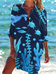 Camisa de manga larga para mujer de tallas grandes con estampado de pez acuático y diseño cómodo