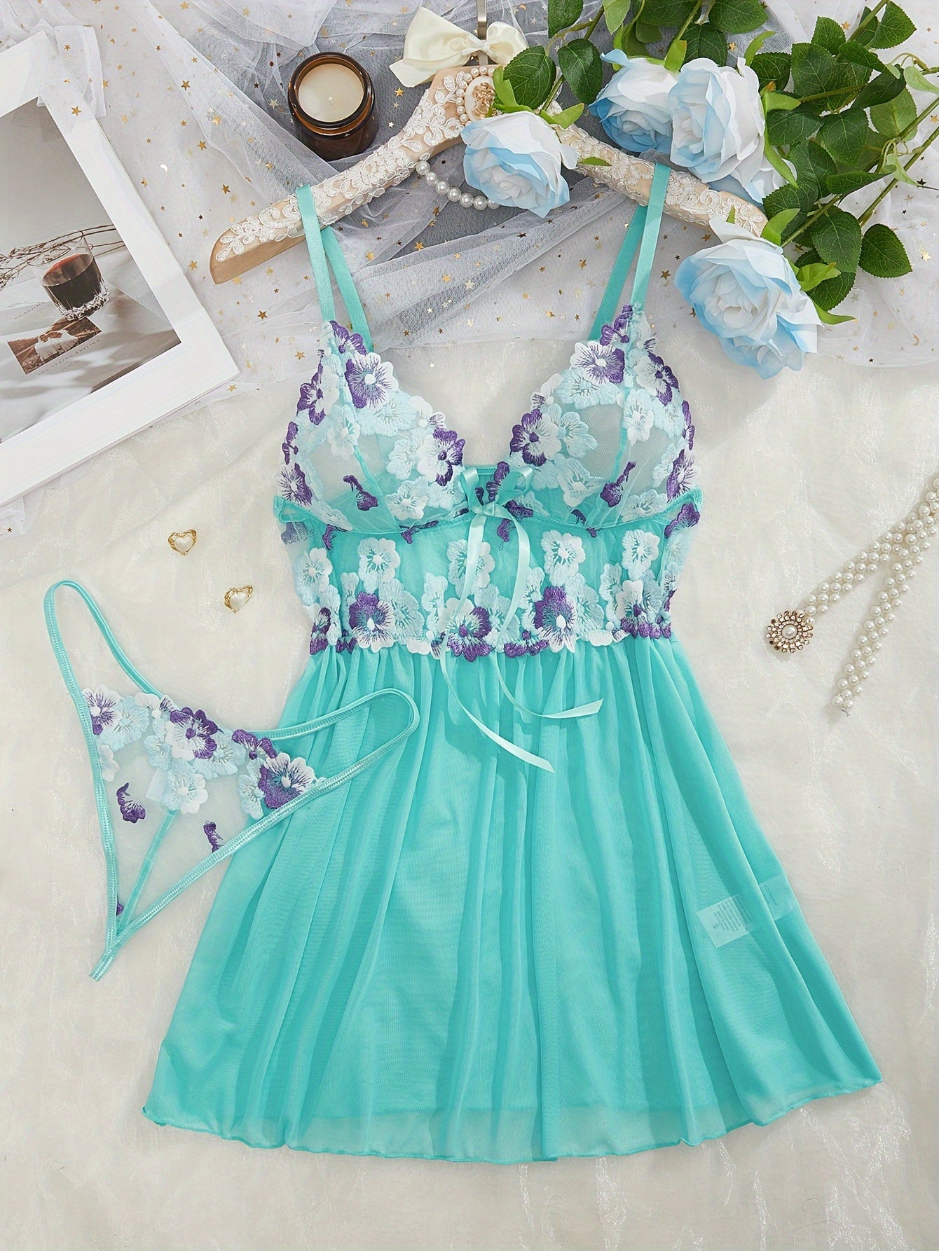 Women's Lingerie Set Embroidered Flower Pattern Babydoll and Slip Dress