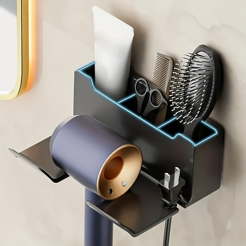 Wall-Mounted Hair Dryer Holder Metal Plastic Space-Saving Bathroom Organizer 16.5x7x12.5cm