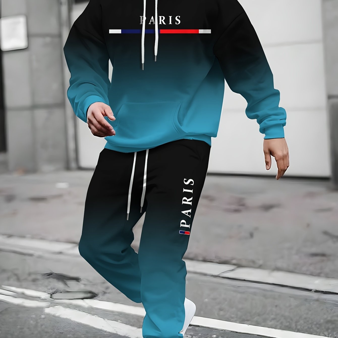 Men's Plus Size Hoodie and Sweatpants Set with Patterned Print Hooded Collar and Slight Stretch Fabric