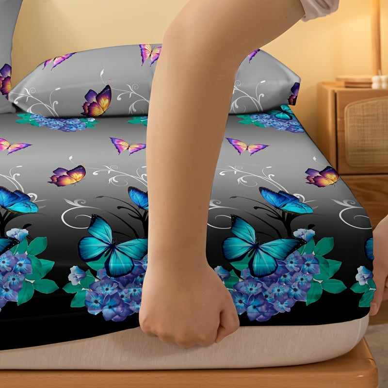 Butterfly Floral Print Fitted Sheet Soft Cozy Bedding Deep Pocket Mattress Protector