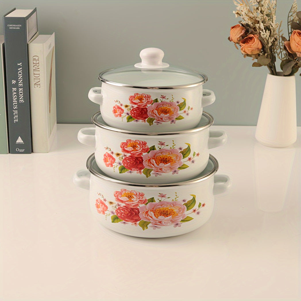 Set of 3 Enamel Cookware with Glass Lids for Soups and Stews Gas Stove Compatible